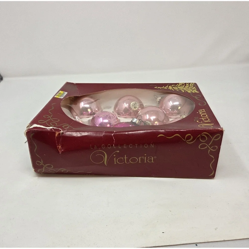 Rauch Victoria Collection 8 Vintage Pink Glass Christmas Ornaments Box USA